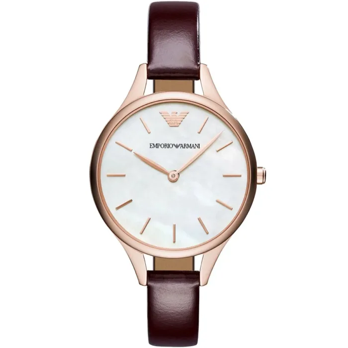 Emporio Armani Aurora Mother of Pearl White Dial Brown Leather Strap Watch For Women - AR11057 - Image 4
